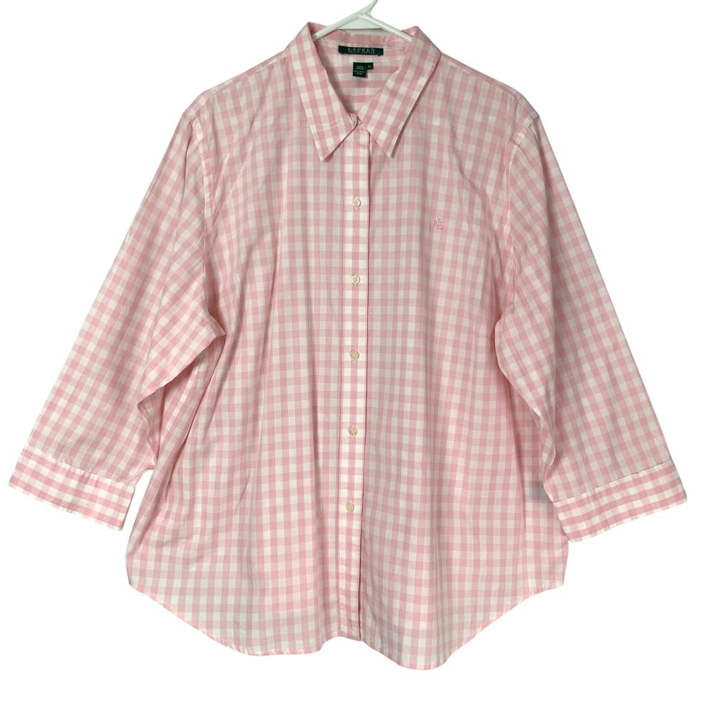 Lauren Ralph Lauren Pink White Gingham Button Up Shirt 2X Collar 3/4 Sleeve Logo